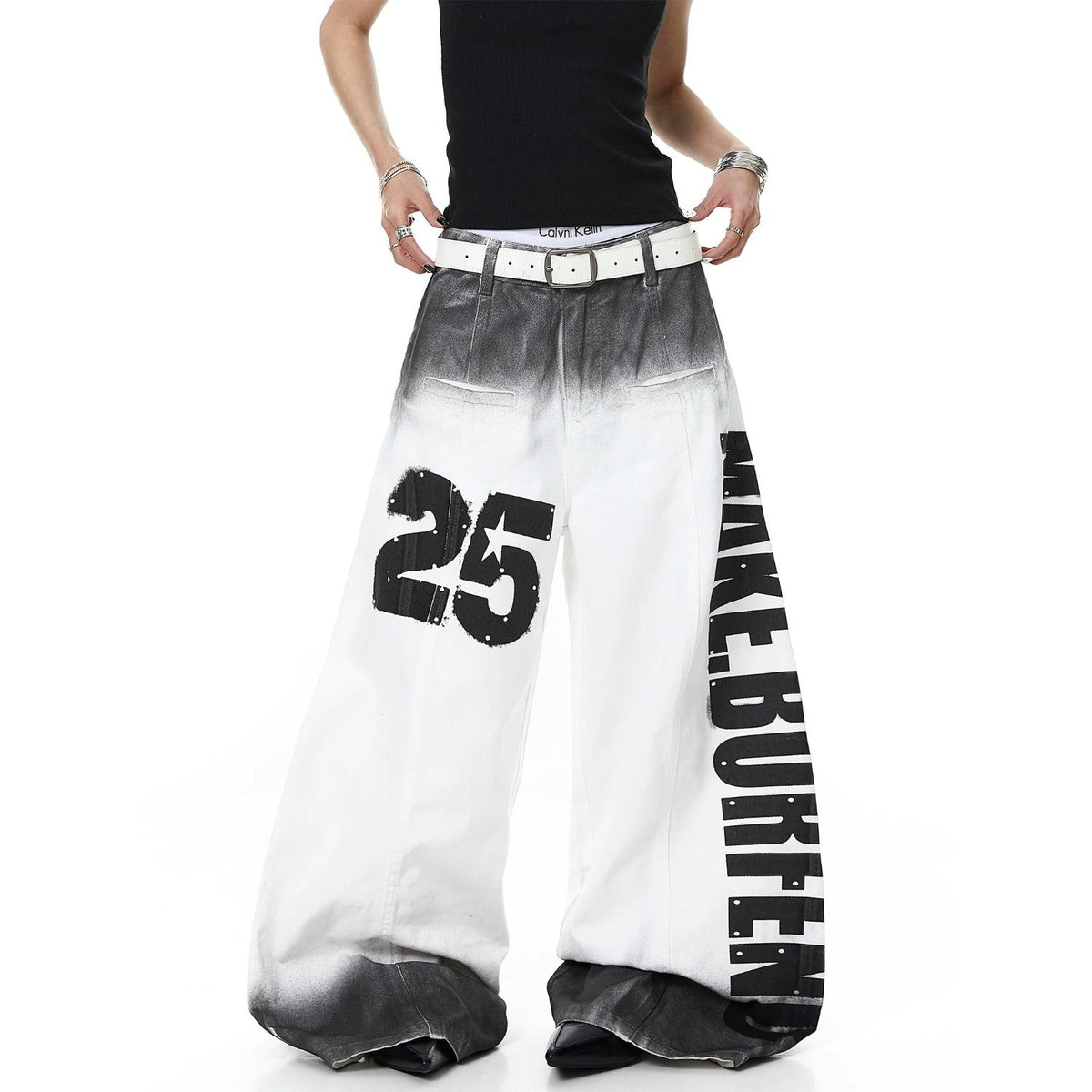 Vintage 3D Print Pearl Chain Curved Baggy Wide Leg Jeans Streetwear