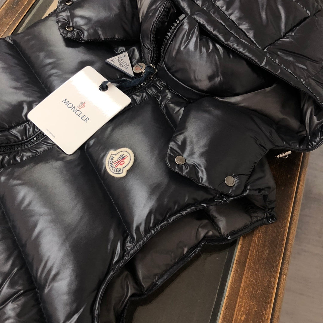 Moncler Hooded Puffer Vest in Black with Glossy Finish