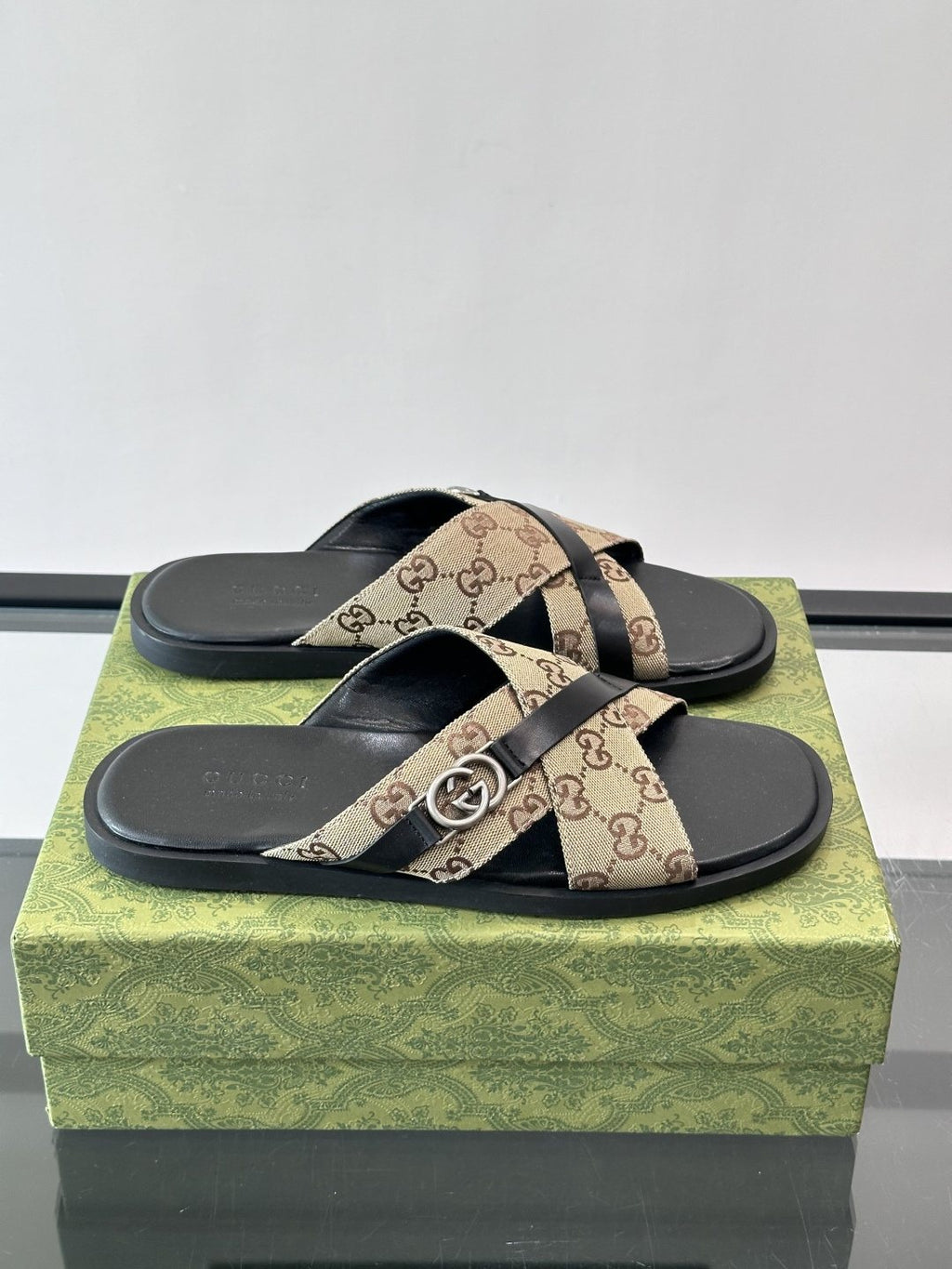Gucci Gray and Black Cross-Strap Slide Sandals