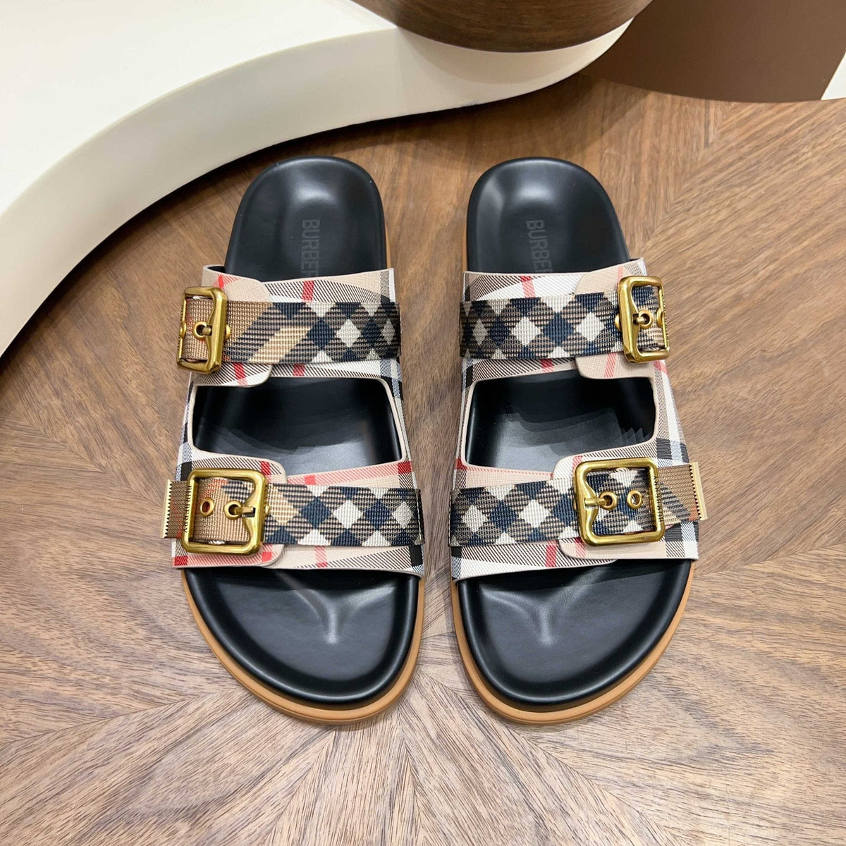 Burberry Check Cross-Strap Slide Sandals - Contoured Footbed