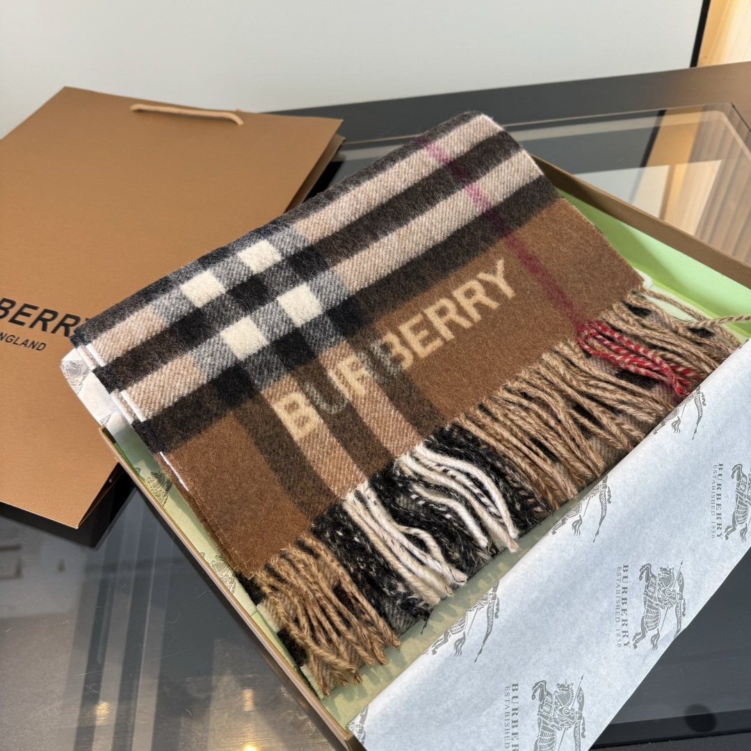 Burberry Tan Brown Plaid Fringe Scarf